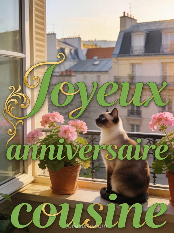 Chat siamois sur le rebord d'une fenêtre avec géraniums roses et vue sur les toits en lumière matinale avec le texte Joyeux anniversaire cousine