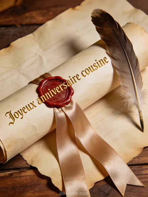 Parchemin déroulé avec sceau de cire rouge et plume d'oie sur fond boisé avec le texte Joyeux anniversaire cousine en lettres dorées