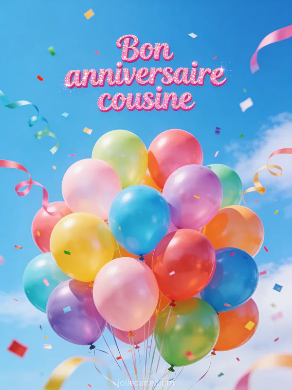 Ballons multicolores s'envolant dans un ciel bleu avec confettis colorés et rubans et le texte Bon anniversaire cousine