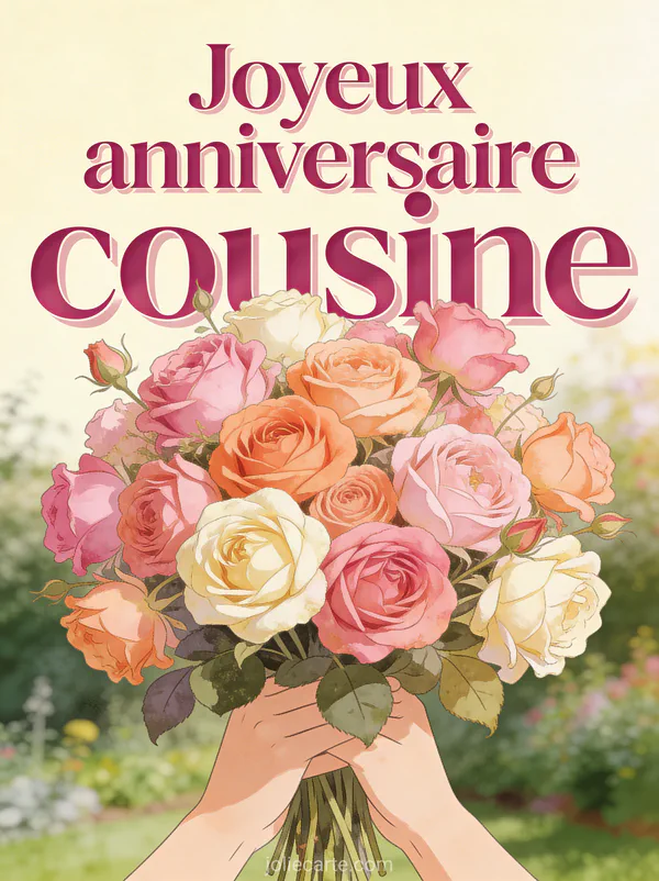 Somptueux bouquet de roses anciennes dans les tons rose pêche et ivoire sur fond de jardin flou avec le texte Joyeux anniversaire cousine