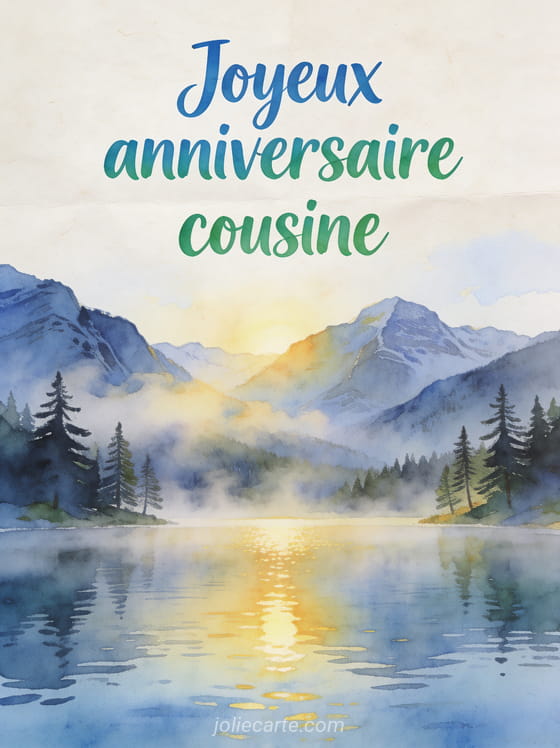 Lac de montagne au lever du soleil avec brume matinale et sapins sur les rives avec le texte Joyeux anniversaire cousine en aquarelle
