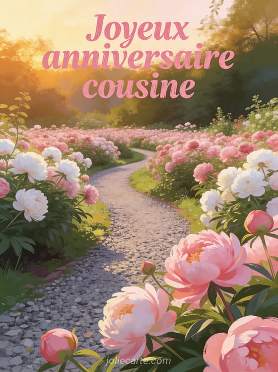 Champ de pivoines roses et blanches avec allée sinueuse dans la lumière dorée du soir et le texte Joyeux anniversaire cousine