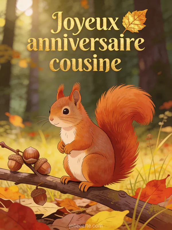 Écureuil roux sur une branche de noisetier en forêt automnale avec feuilles rouges et or et le texte Joyeux anniversaire cousine