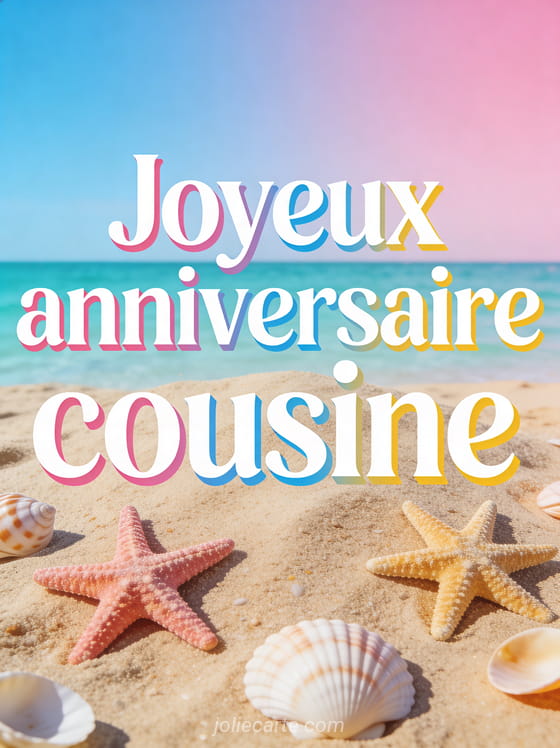 Étoiles de mer et coquillages sur sable fin avec mer turquoise à l'horizon et le texte Joyeux anniversaire cousine