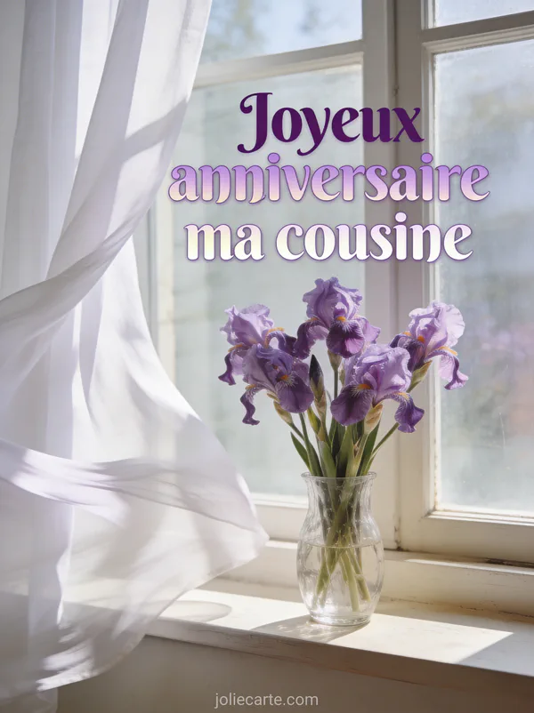 Iris violets dans un vase en verre sur un rebord de fenêtre avec rideaux blancs et lumière naturelle et le texte Joyeux anniversaire ma cousine