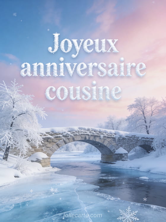 Paysage hivernal avec pont de pierre enneigé au-dessus d'une rivière gelée et arbres givrés et le texte Joyeux anniversaire cousine