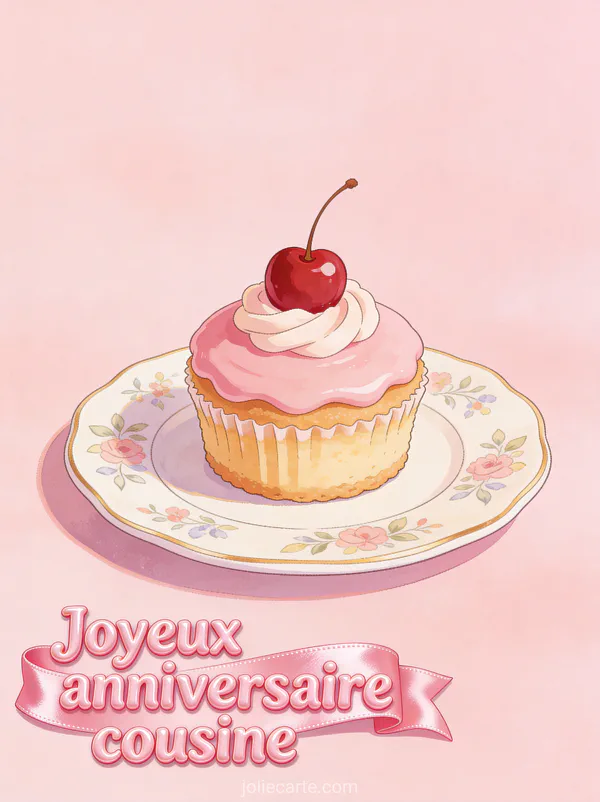 Petit gâteau avec glaçage rose et cerise sur assiette en porcelaine fleurie avec le texte Joyeux anniversaire cousine