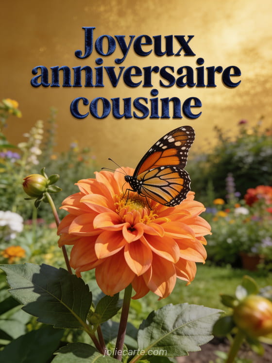 Papillon monarque sur une fleur de dahlia orange dans un jardin luxuriant avec le texte Joyeux anniversaire cousine