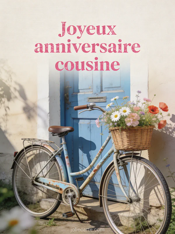 Bicyclette vintage avec panier de fleurs sauvages devant une porte bleue dans un village de charme et le texte Joyeux anniversaire cousine