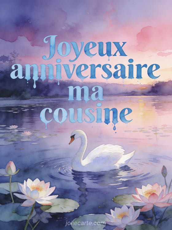 Cygne blanc glissant sur un lac au crépuscule avec nénuphars en fleurs et ciel rose et le texte Joyeux anniversaire ma cousine