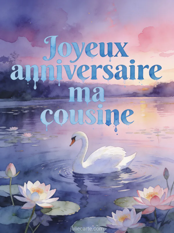 Cygne blanc glissant sur un lac au crépuscule avec nénuphars en fleurs et ciel rose et le texte Joyeux anniversaire ma cousine