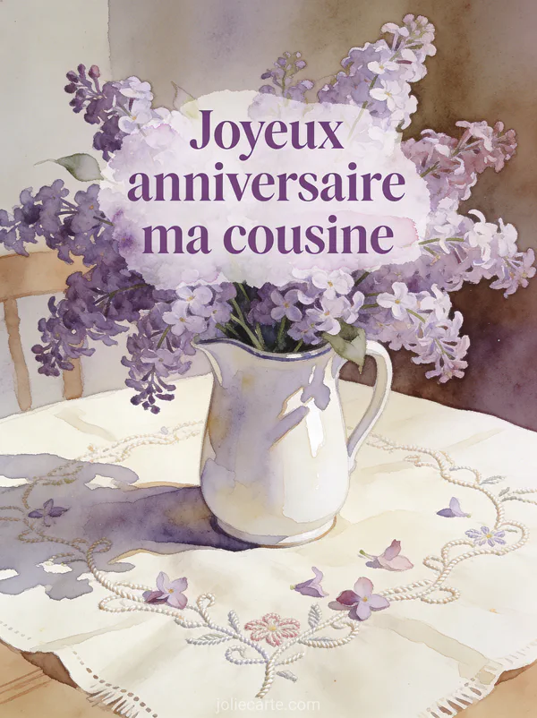 Bouquet de lilas dans un pichet en émail blanc sur nappe brodée en lumière tamisée avec le texte Joyeux anniversaire ma cousine