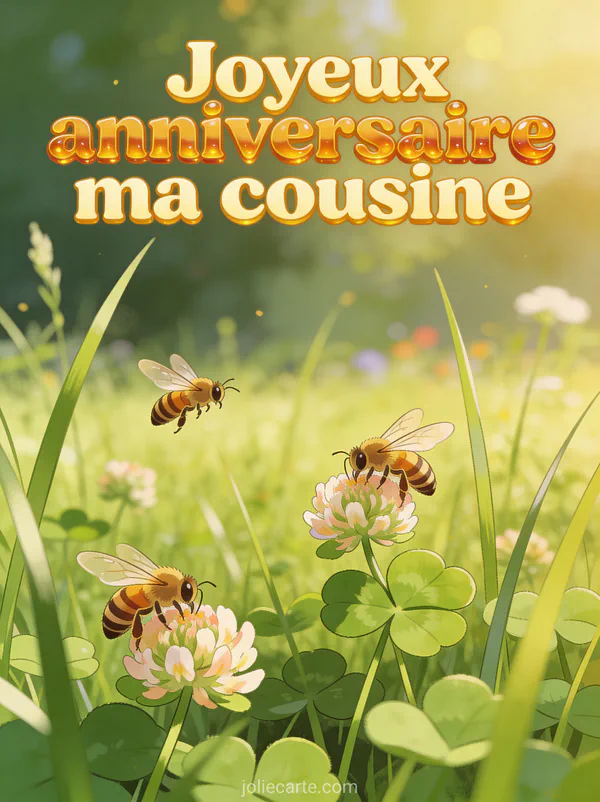 Abeilles butinant des fleurs de trèfle dans un pré ensoleillé avec herbes hautes et le texte Joyeux anniversaire ma cousine