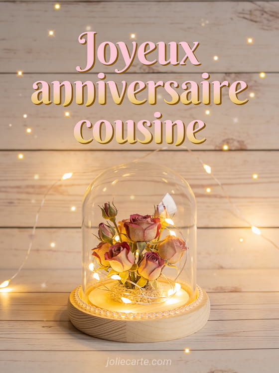 Cloche en verre avec bouquet de roses miniatures et petites lumières LED sur bois flotté et le texte Joyeux anniversaire cousine