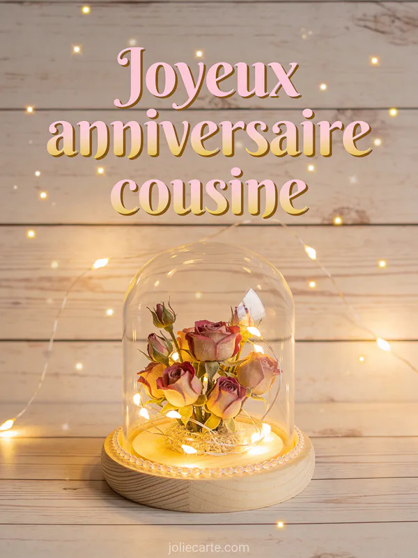 Cloche en verre avec bouquet de roses miniatures et petites lumières LED sur bois flotté et le texte Joyeux anniversaire cousine