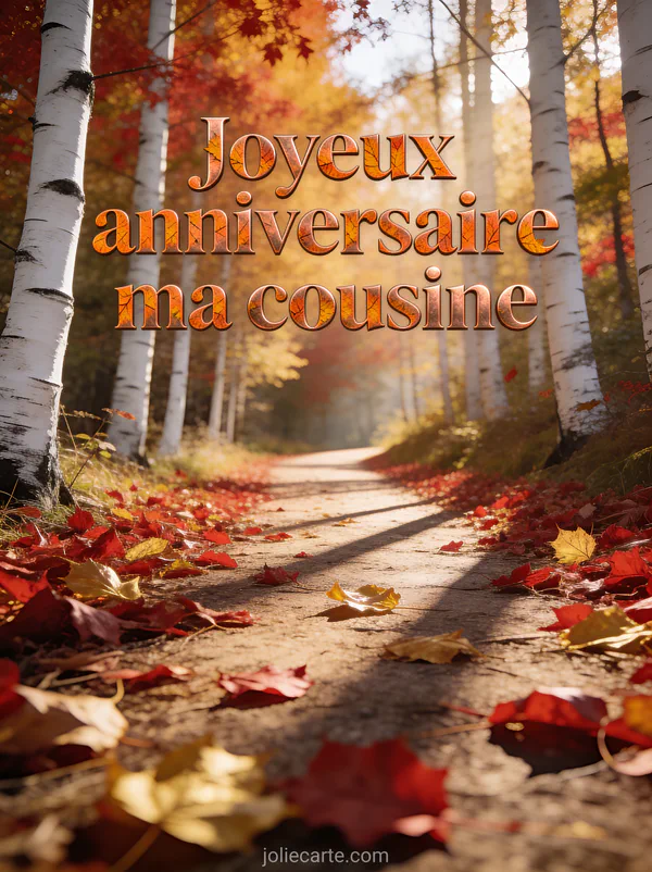 Chemin forestier tapissé de feuilles mortes rouge et or avec troncs de bouleaux blancs et lumière rasante et le texte Joyeux anniversaire ma cousine