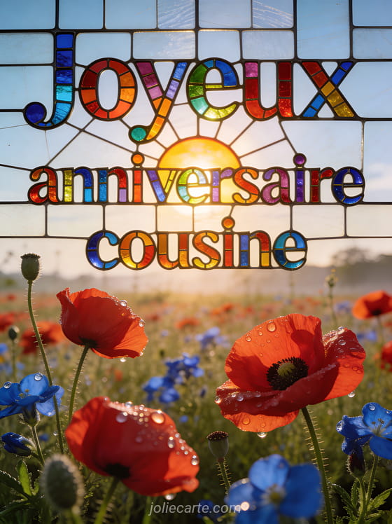 Soleil levant au-dessus d'un champ de coquelicots et bleuets avec rosée sur les fleurs et le texte Joyeux anniversaire cousine