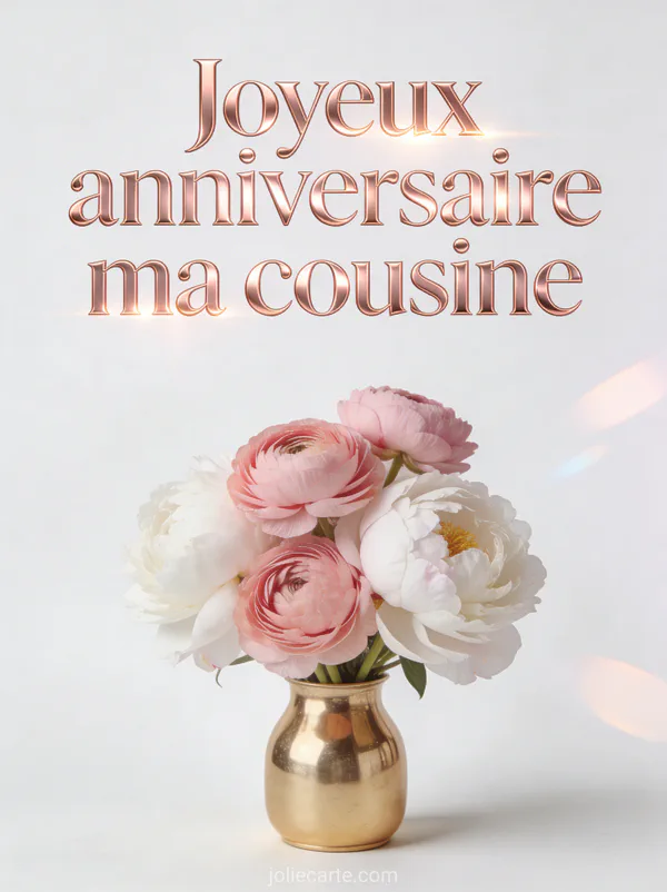 Ranoncules roses et pivoines blanches dans un vase doré sur fond minimaliste blanc et le texte Joyeux anniversaire ma cousine