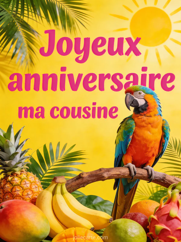 Perroquet ara coloré perché sur une branche tropicale avec fruits exotiques et feuilles de palmier et le texte Joyeux anniversaire ma cousine