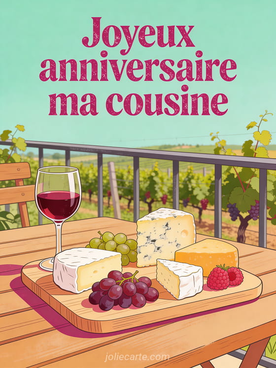 Plateau de fromages et raisins avec verre de vin rouge sur terrasse avec vue sur les vignes et le texte Joyeux anniversaire ma cousine