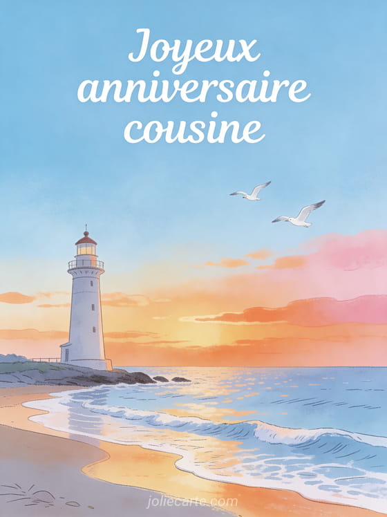 Phare au bord de la mer au coucher du soleil avec vagues douces et mouettes en vol et le texte Joyeux anniversaire cousine