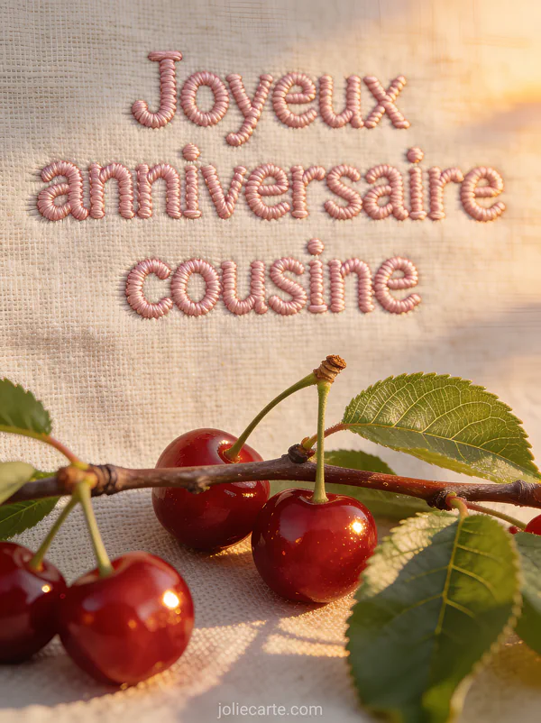 Cerises rouges sur une branche avec feuilles vertes en lumière de fin de journée en macro et le texte Joyeux anniversaire cousine