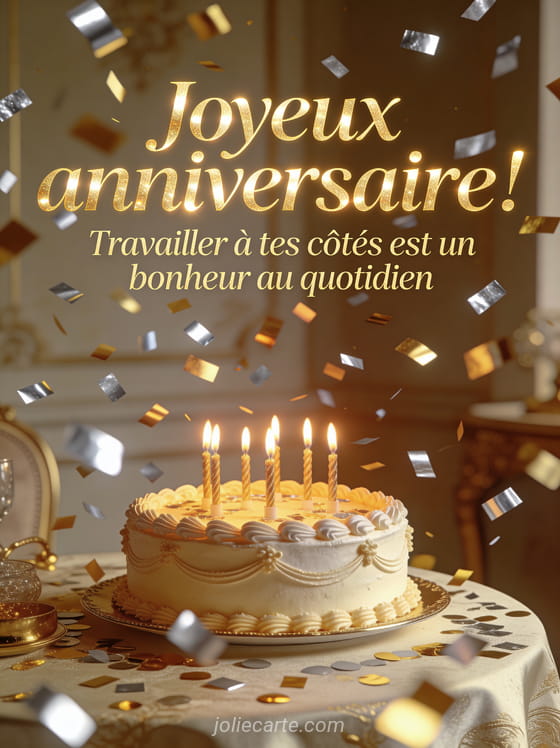 Gâteau d'anniversaire raffiné avec bougies allumées sur une table élégante et confettis dorés avec le texte Joyeux anniversaire
