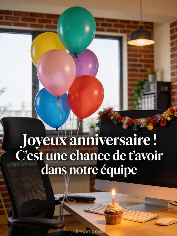 Bureau décoré pour un anniversaire avec ballons colorés, guirlande, cupcake avec bougie à côté du clavier