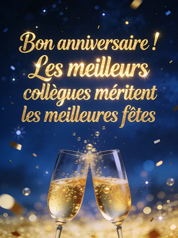 Deux coupes de champagne qui trinquent avec des bulles dorées sur fond bleu nuit avec confettis scintillants