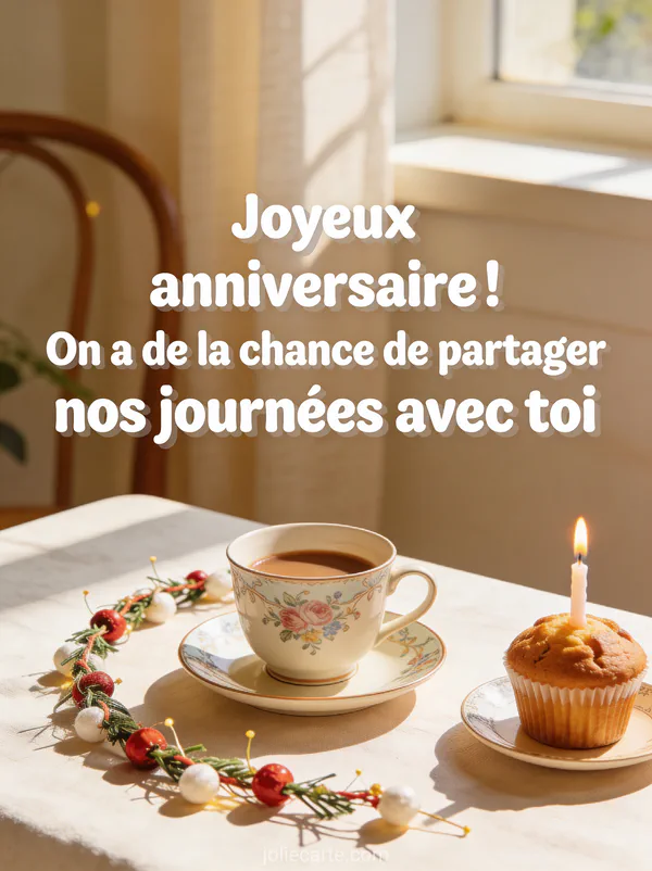 Pause café festive avec une jolie tasse et un muffin avec bougie allumée sur une table décorée avec guirlande