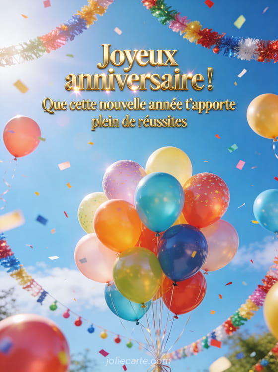 Ballons multicolores flottant dans un ciel bleu lumineux avec confettis colorés et guirlandes festives