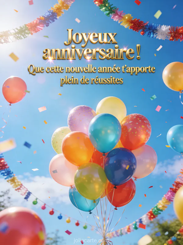 Ballons multicolores flottant dans un ciel bleu lumineux avec confettis colorés et guirlandes festives