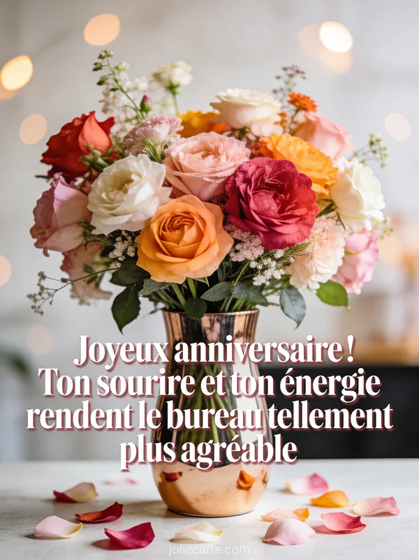 Magnifique bouquet de fleurs fraîches aux couleurs vives dans un vase moderne avec pétales éparpillés et bokeh doux