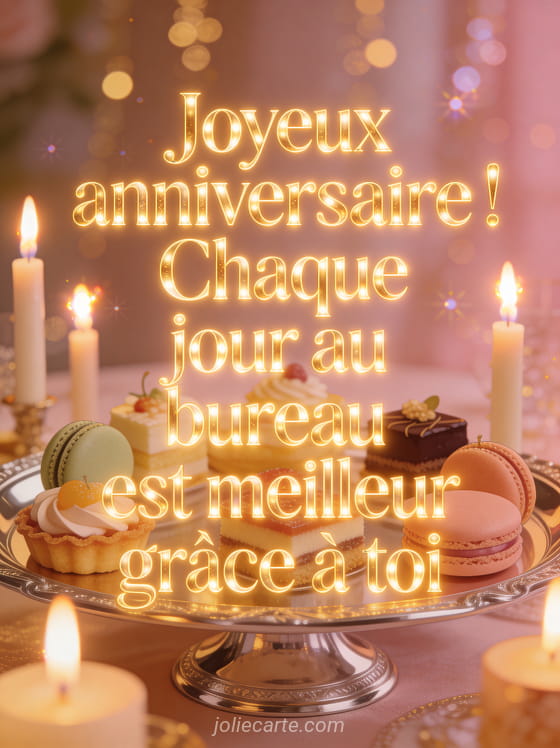 Pâtisseries raffinées sur un plateau élégant avec bougies et lumières scintillantes en arrière-plan flou