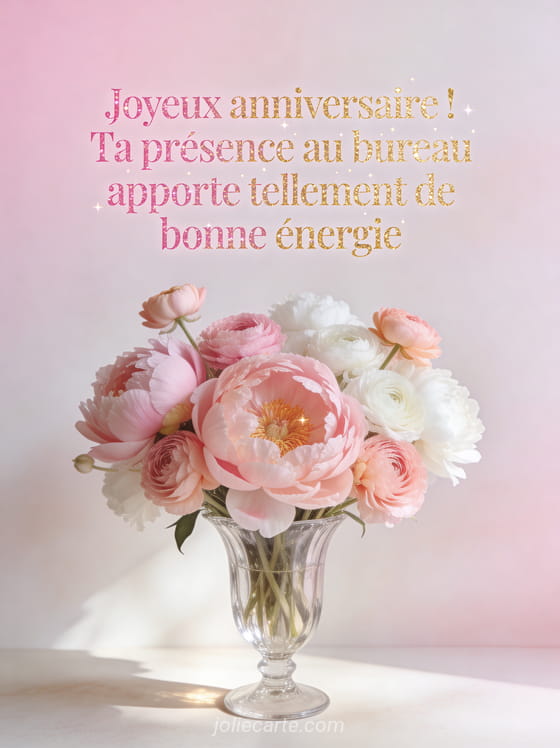 Bouquet de pivoines et renoncules roses et blanches dans un vase élégant avec lumière douce et fond pastel