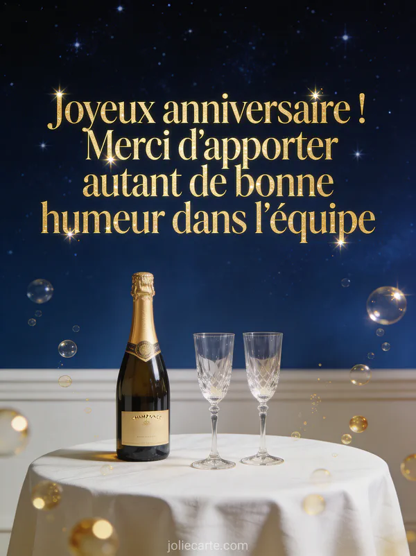 Bouteille de champagne et deux coupes en cristal sur une table avec nappe blanche et bulles dorées sur fond bleu nuit étoilé