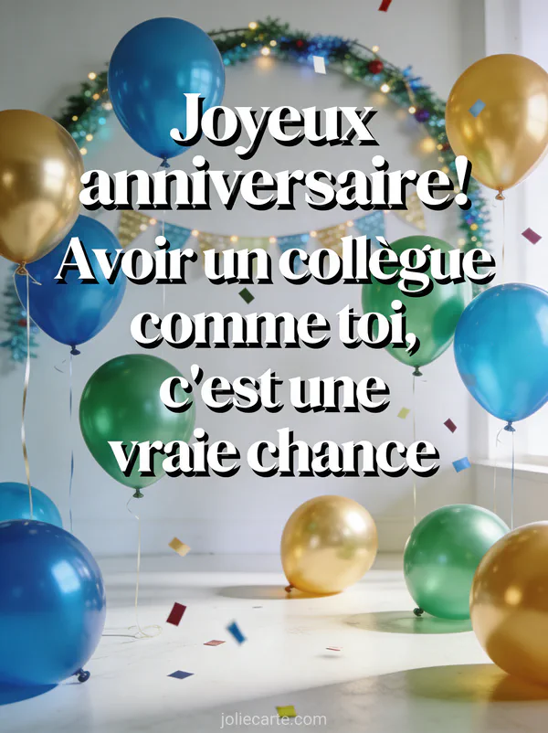 Ballons bleus verts et dorés flottant dans un espace lumineux avec guirlandes festives et confettis épars