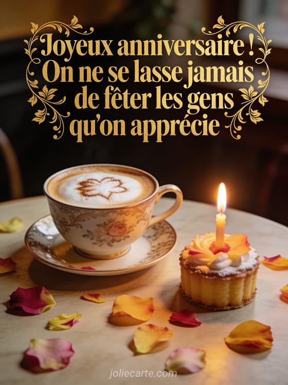 Pause café festive avec tasse cappuccino et petit gâteau décoré avec bougie et pétales de fleurs sur la table