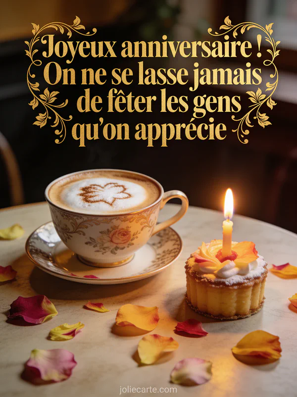 Pause café festive avec tasse cappuccino et petit gâteau décoré avec bougie et pétales de fleurs sur la table