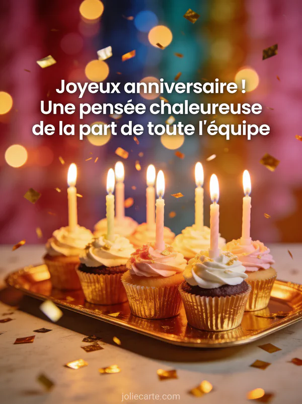 Cupcakes décorés alignés sur un plateau doré avec bougies allumées et confettis dorés sur fond festif avec bokeh