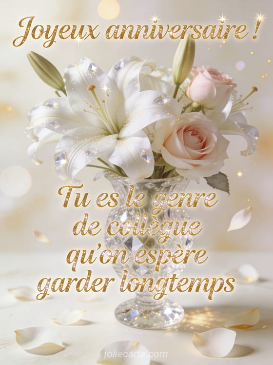 Fleurs de lys blanches et roses dans un vase en cristal sur fond crème avec touches de lumière dorée et pétales épars