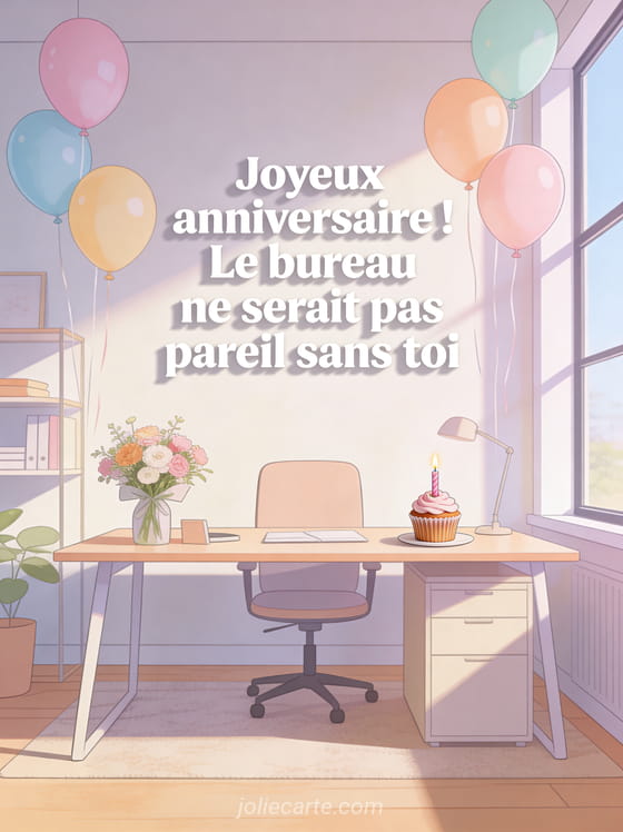 Espace de travail moderne décoré avec ballons pastel, bouquet de fleurs sur le bureau et cupcake avec bougie près d'une fenêtre