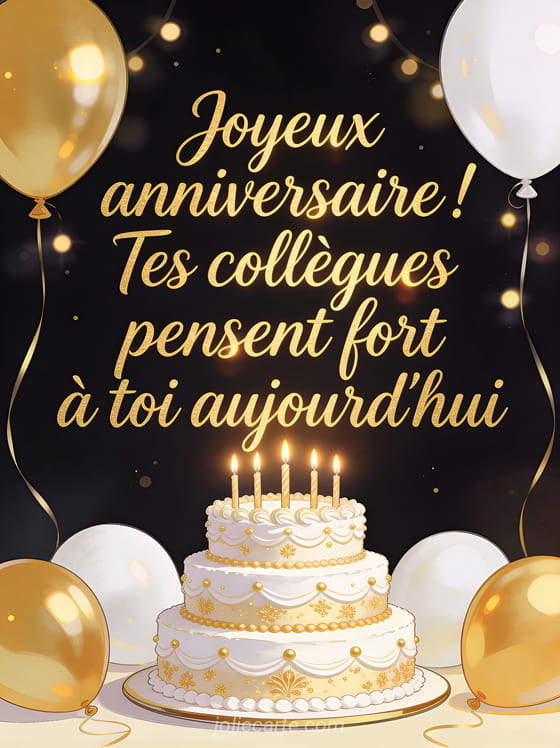 Gâteau d'anniversaire élégant à étages avec glaçage blanc et décorations dorées entouré de ballons dorés et blancs