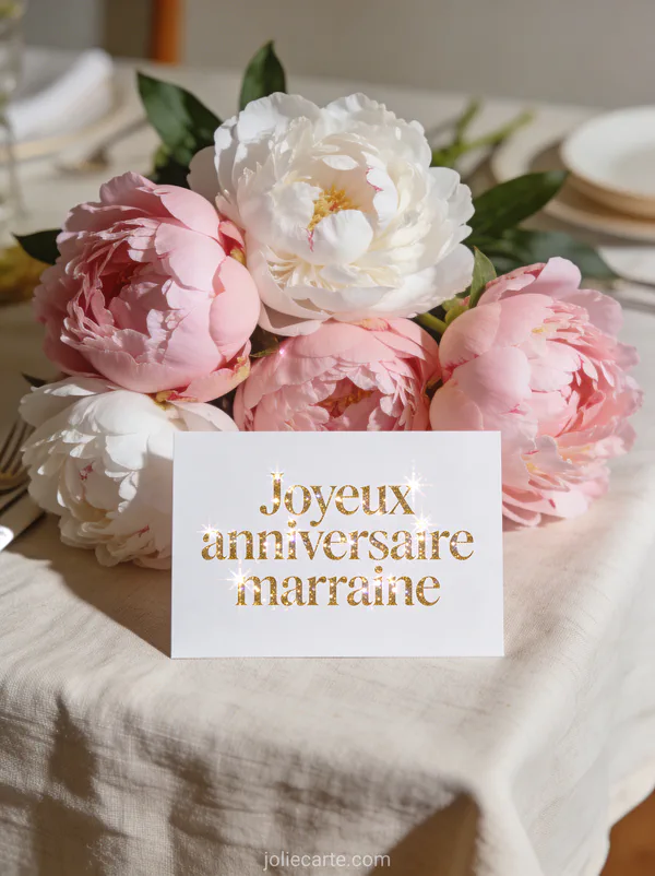 Élégant bouquet de pivoines roses et blanches sur nappe en lin avec le texte Joyeux anniversaire marraine en lettres dorées