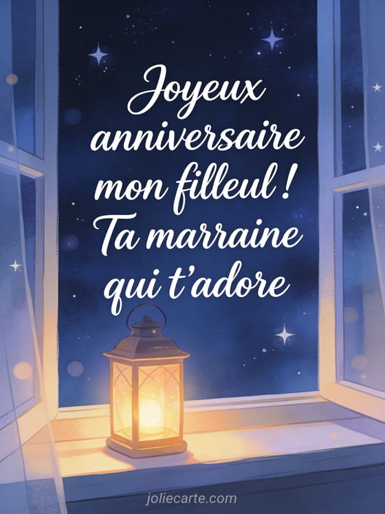 Lanterne lumineuse sur un rebord de fenêtre avec ciel étoilé et le texte Joyeux anniversaire mon filleul