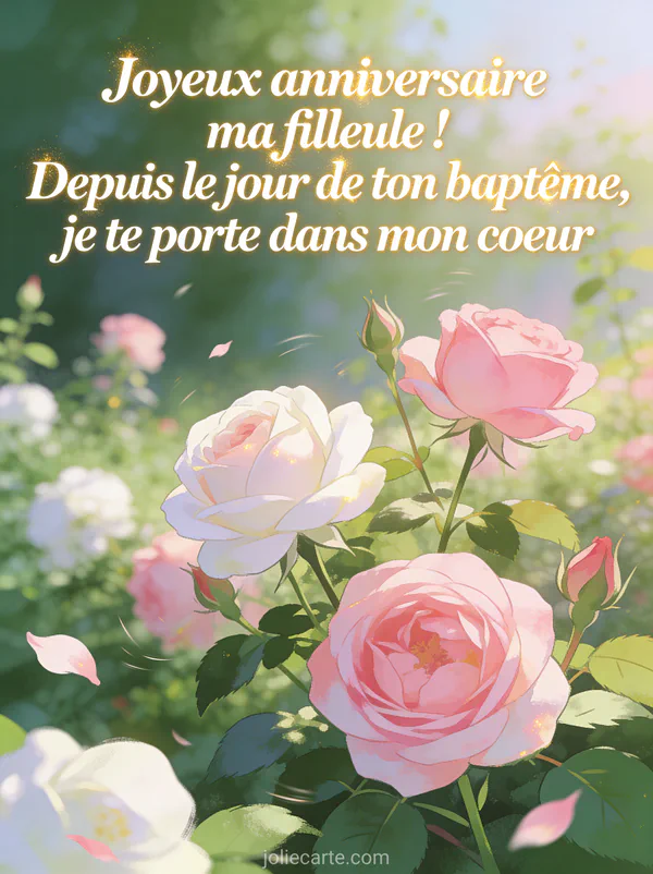Jardin fleuri avec roses trémières et texte cursif Joyeux anniversaire ma filleule sur fond de lumière matinale