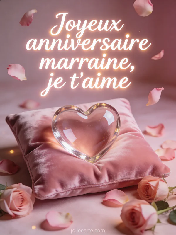 Coeur en verre soufflé sur coussin de velours rose avec pétales de roses et texte Joyeux anniversaire marraine je t'aime