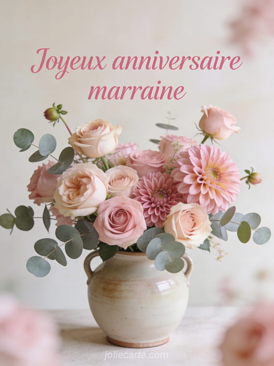 Arrangement floral de roses anciennes, dahlias et eucalyptus dans un vase en céramique avec texte Joyeux anniversaire marraine
