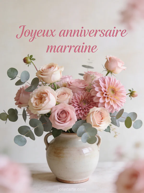 Arrangement floral de roses anciennes, dahlias et eucalyptus dans un vase en céramique avec texte Joyeux anniversaire marraine