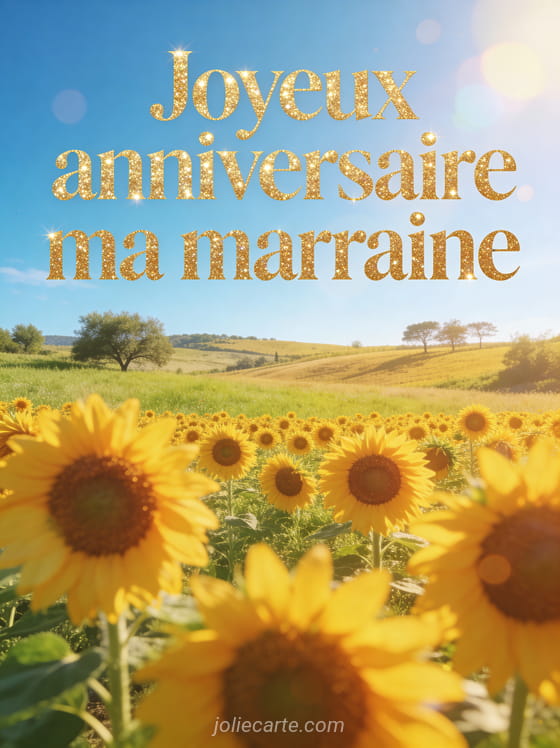 Champs de tournesols sous un ciel bleu avec texte Joyeux anniversaire ma marraine en lettres dorées